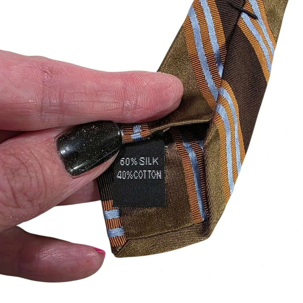Ike Behar 7-Fold Mens Tie Necktie Designer Luxury Brown Blue‎ Stripe Cotton Silk